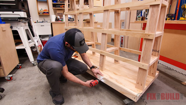 attaching plywood strips on edge of DIY lumber cart base