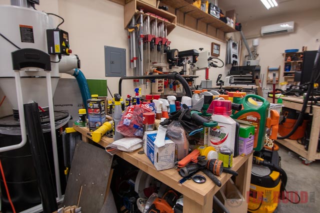 all the products removed from garage storage cabinet